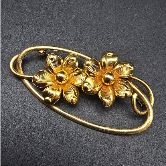 Forstner 12K Gold Filled Floral Brooch Oval Two Flowers Vintage Jewelry - Picture 4 of 7